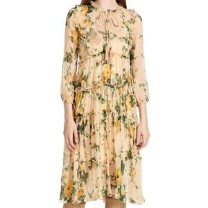 O.P.T Floral Tiered Midi Dress Peach Yellow Tassel Tie Neck Long Sleeve Small